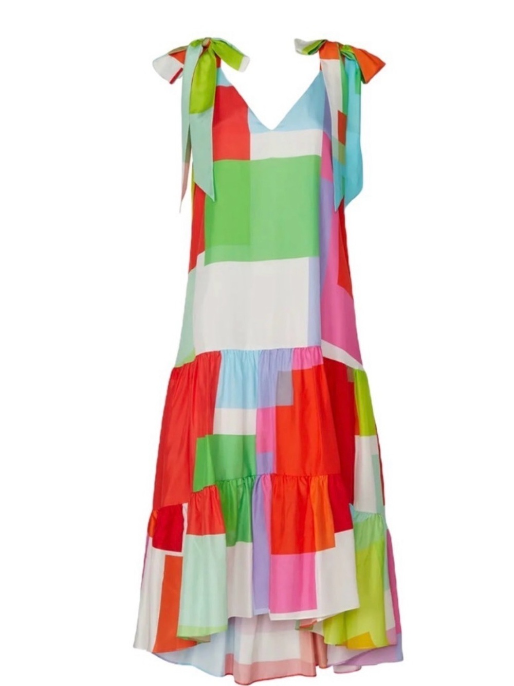 Tanya Taylor 100% Silk Colorblock Midi Dress | Multicolor Abstract Print